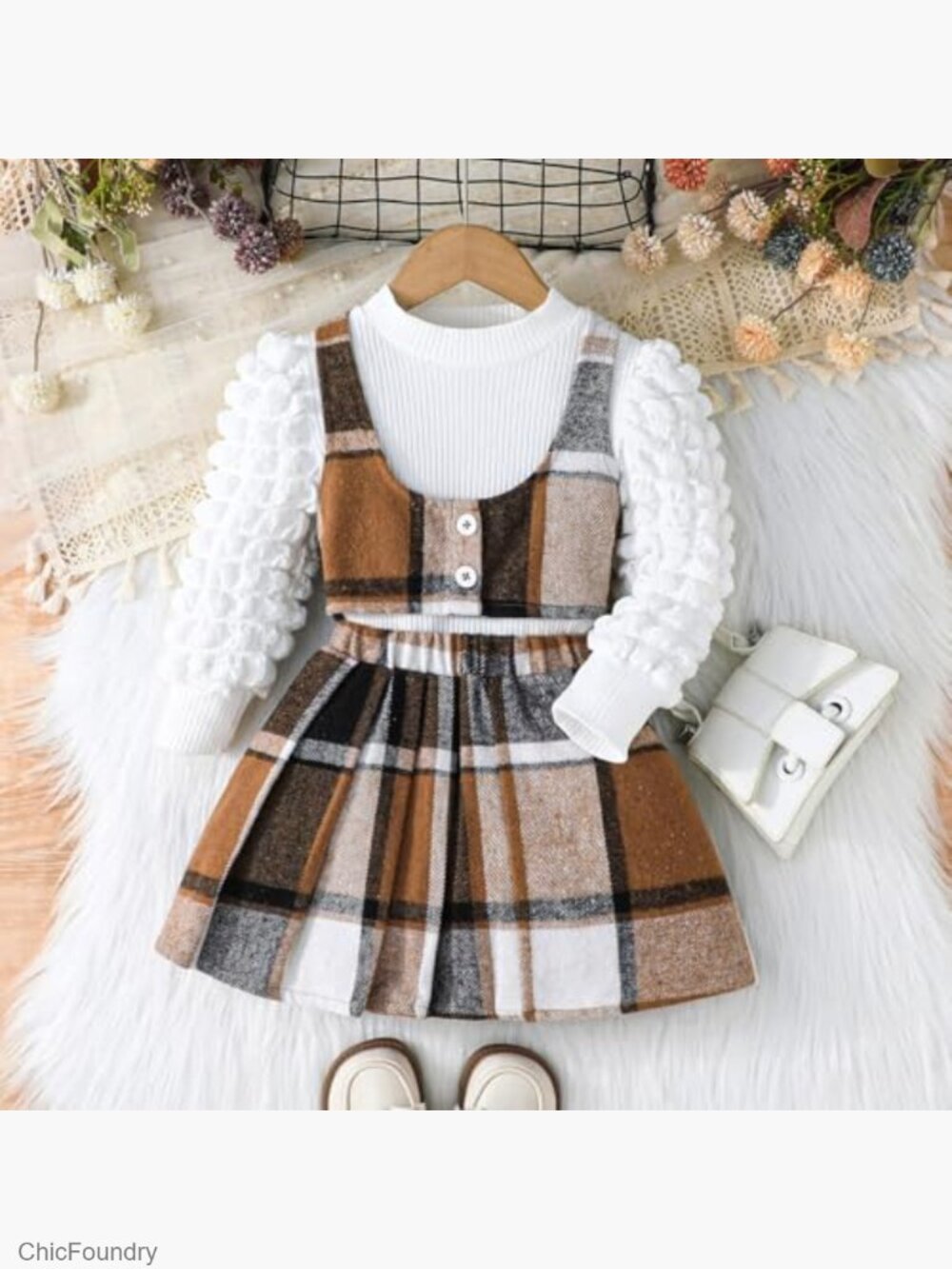 Toddler Girls Christmas Puff Sleeve Knit Top Vest Plaid Skirt Set 2-11T - Picture 2 of 7